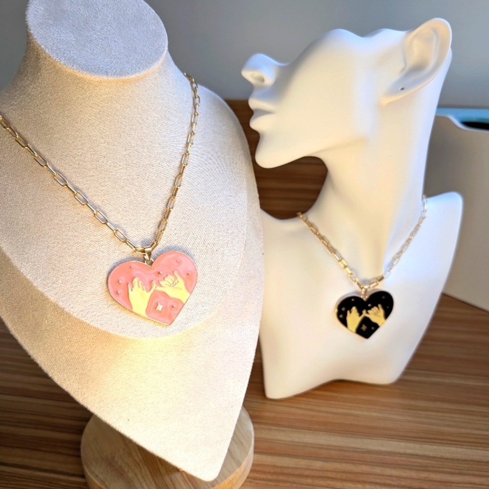 New BFF GIFT SET Pinky swear teen pink black gold heart friend 2 NECKLACES